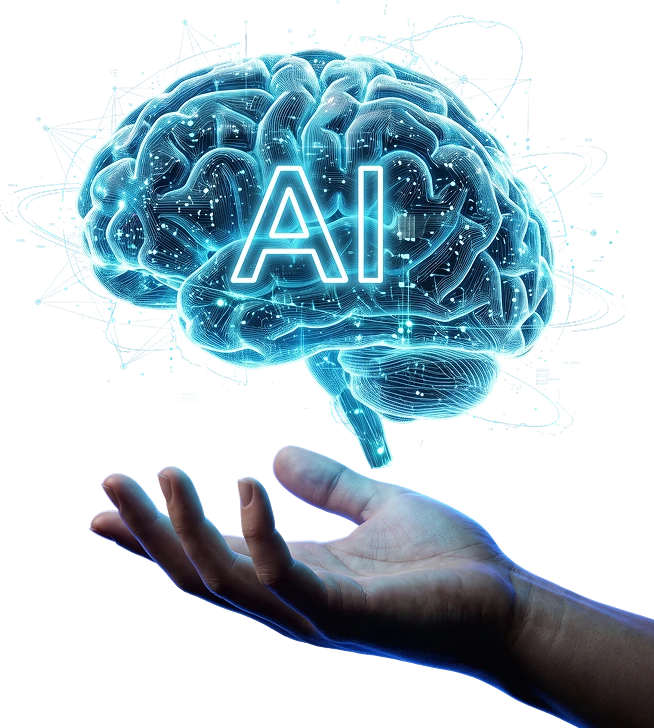A hand reaching toward an illuminated artificial intelligence