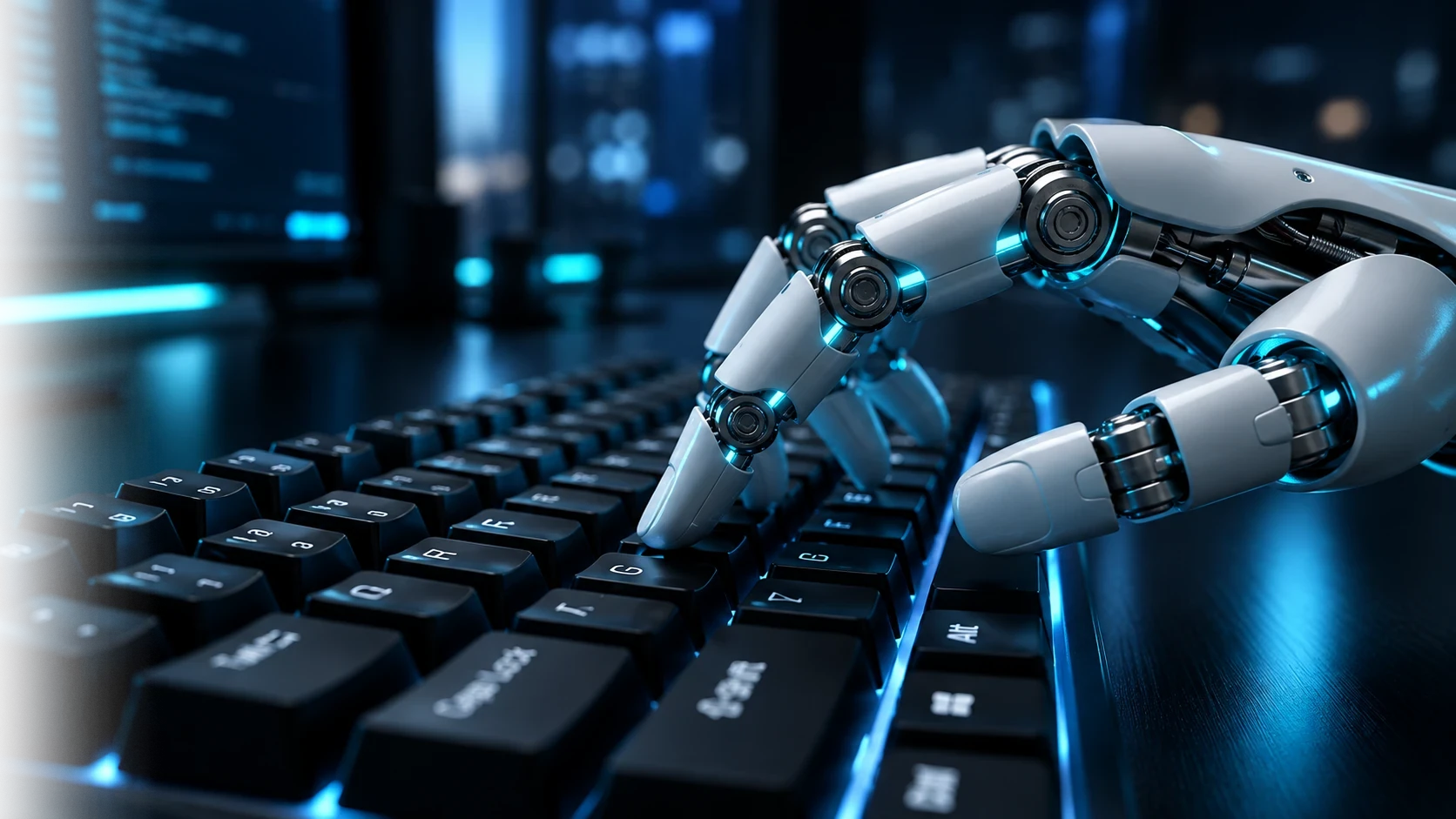 A robotic hand working at a keyboard