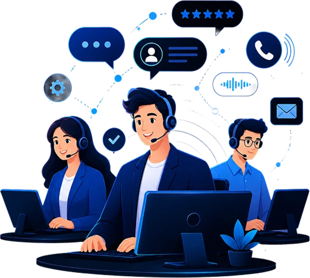 A support team handling calls, chat and email together