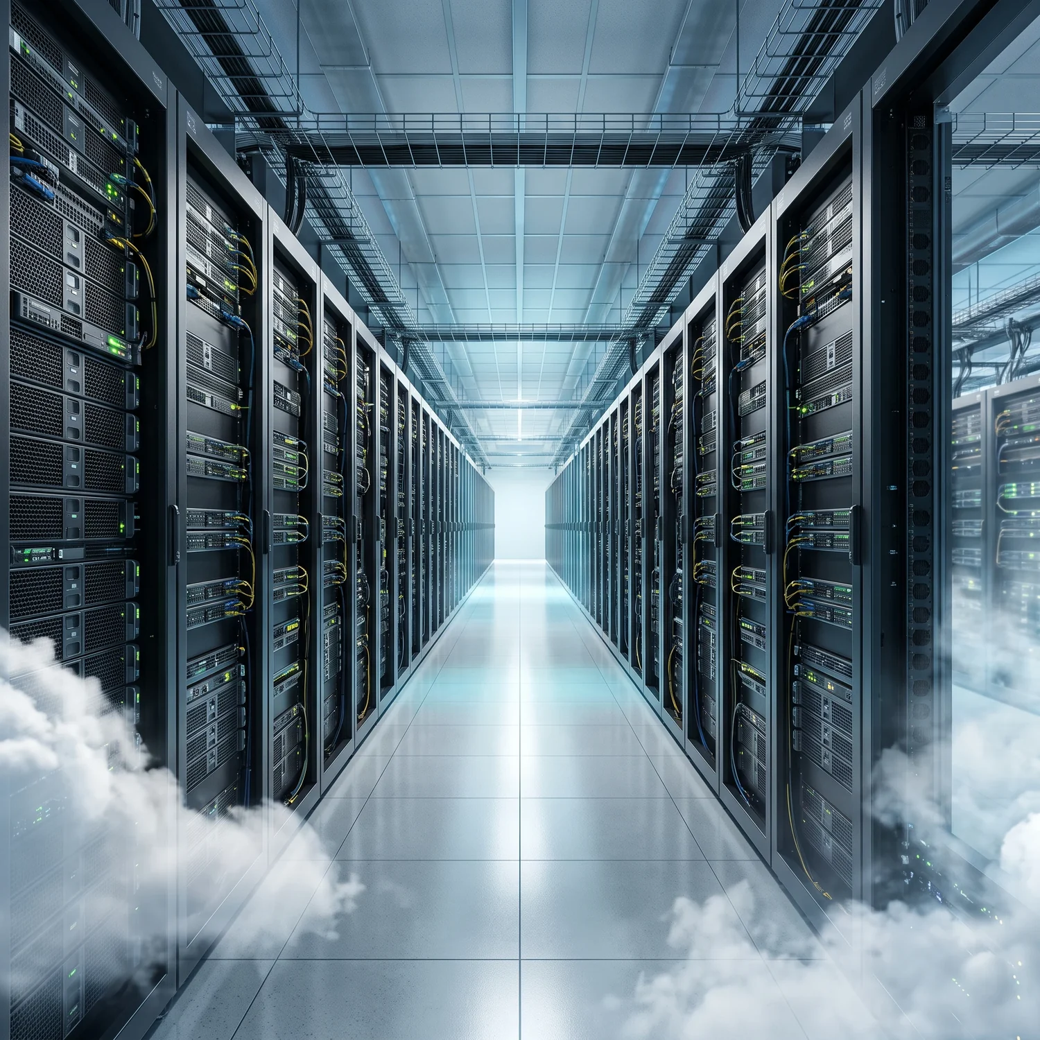 A server hall dissolving into cloud