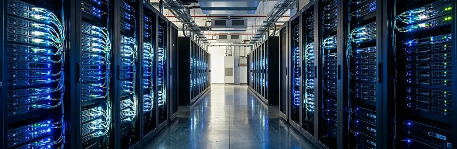 A data-centre aisle of high-density server racks