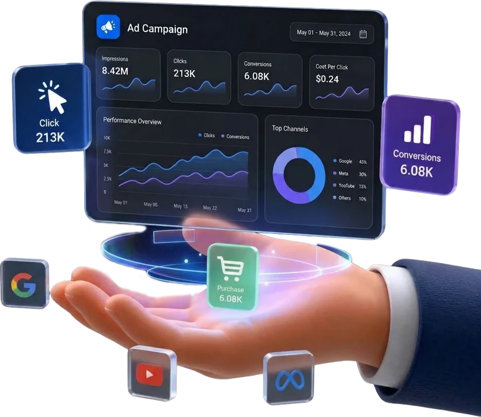 A live ad campaign dashboard held in one hand