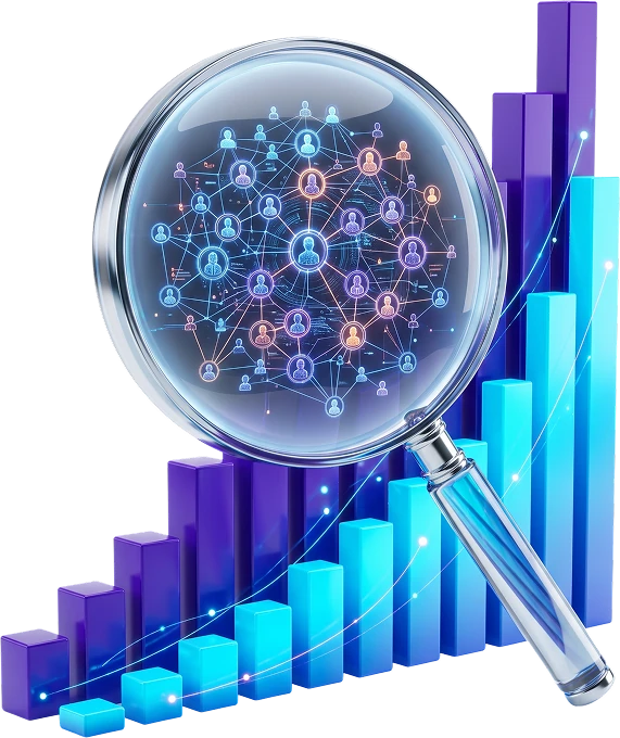 An audience network examined under a lens above a rising chart