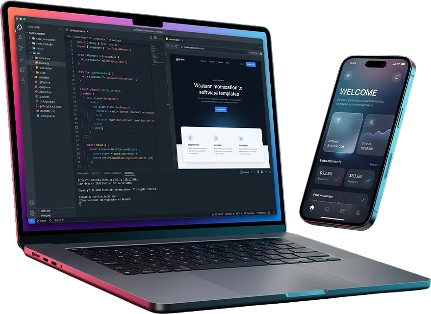A laptop and phone running custom software built by Try Soft AI